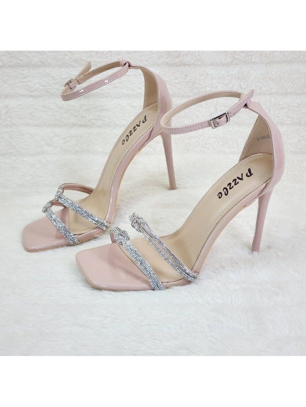 Symm Nude Patent With Rhinestone Strap High Heel Stiletto Shoes